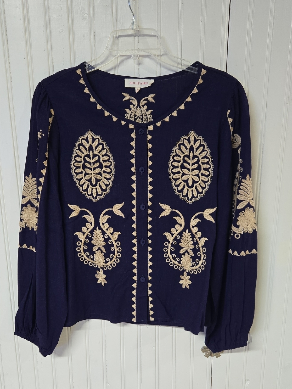 Solitaire Navy Blue Embroidered Button-Front Top